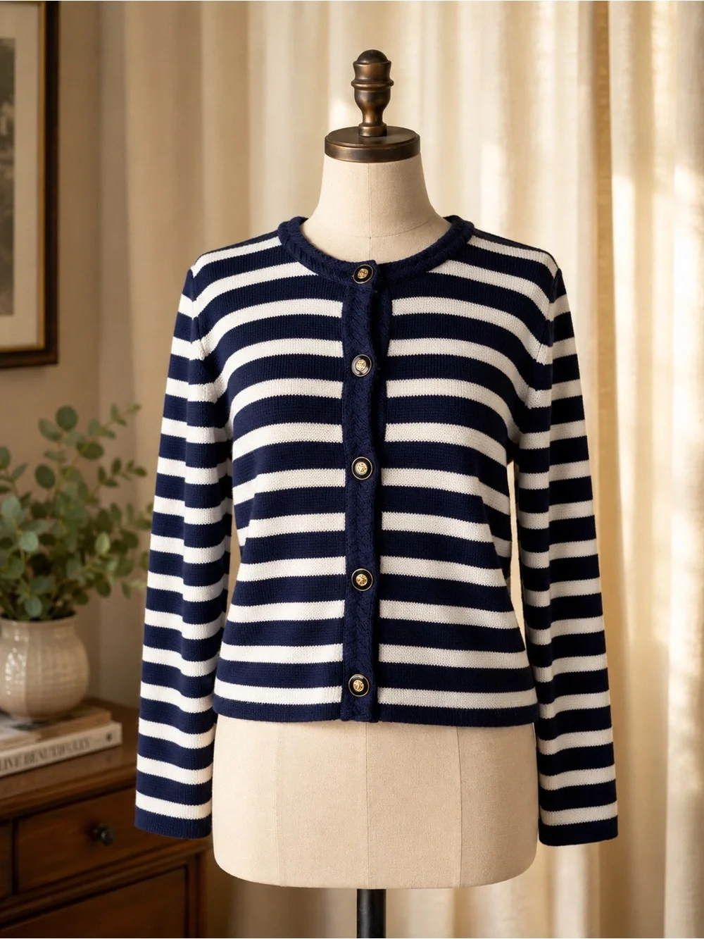 I Crew Navy and White Nautical Striped Crewneck Button Cardigan Sweater
